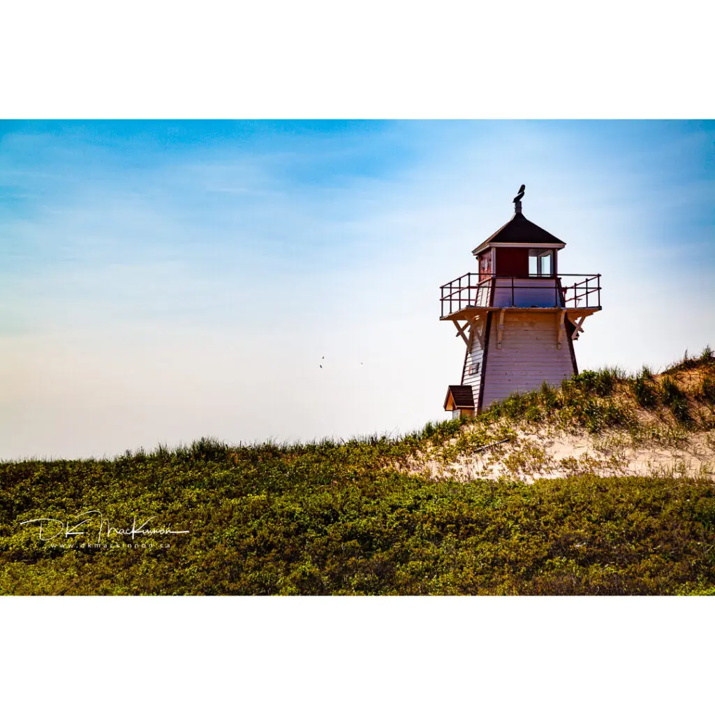 White and red wooden lighthouse with railing and a crow on top, situated atop a grassy sand dune under a blue sky.